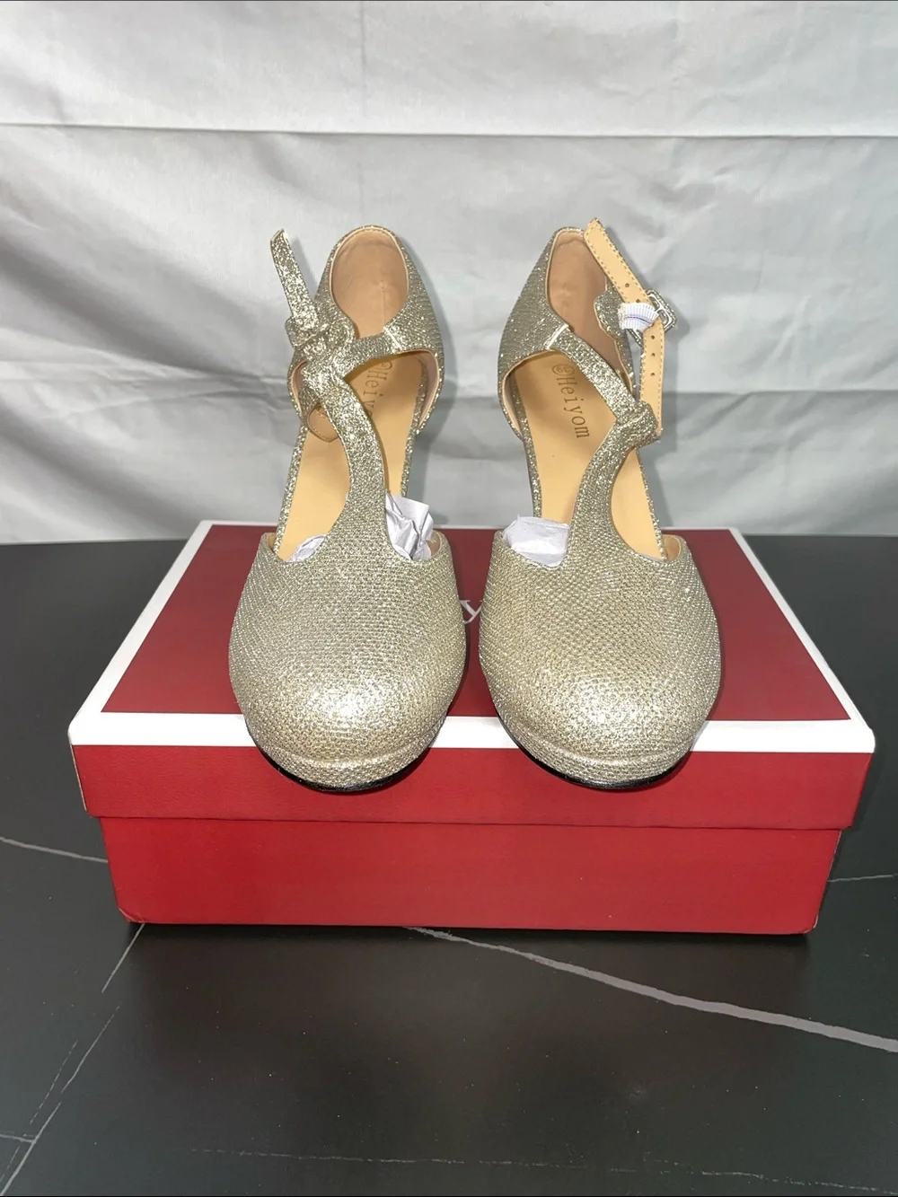 HEIYOM GOLD GLITTER T STRAP PLATFORM PUMPS FTL-08-128